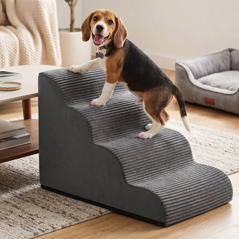 Hundetreppe, 2/3/4/5 Stufen, Cord mit Querstreifen, wasserdicht, rutschfest, abnehmbarer waschbarer Bezug von Feandrea in Regular – Produktfoto