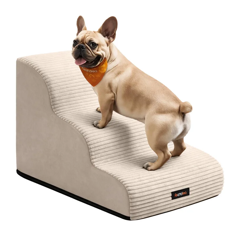 Hundetreppe, 2/3/4/5 Stufen, Cord mit Querstreifen, wasserdicht, rutschfest, abnehmbarer waschbarer Bezug von Feandrea in Regular – Produktfoto