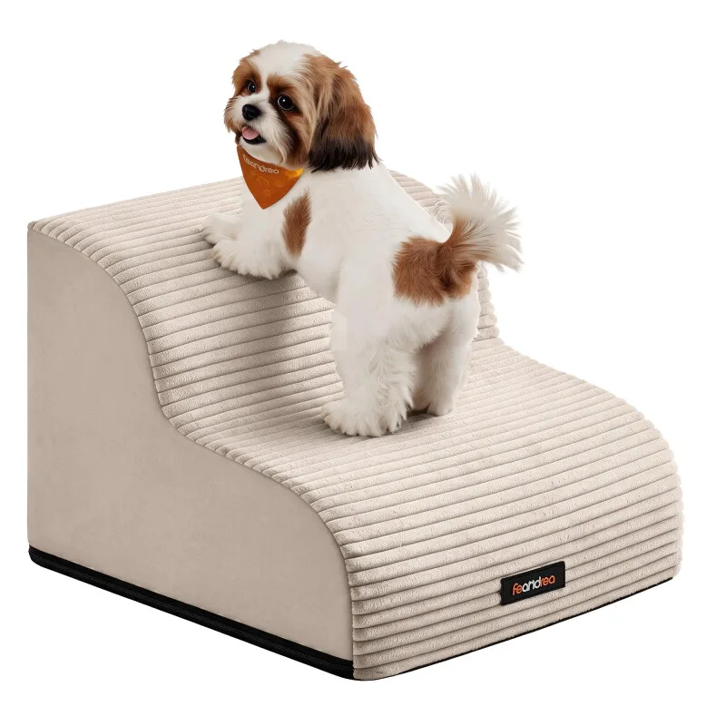 Hundetreppe, 2/3/4/5 Stufen, Cord mit Querstreifen, wasserdicht, rutschfest, abnehmbarer waschbarer Bezug von Feandrea in Regular – Produktfoto