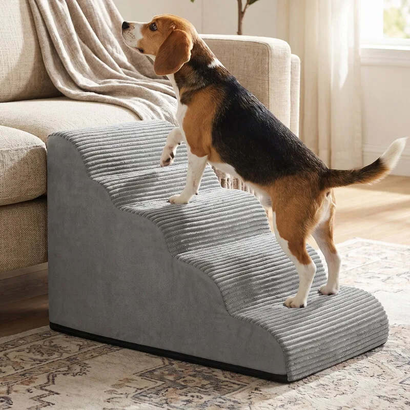 Hundetreppe, 2/3/4/5 Stufen, Cord mit Querstreifen, wasserdicht, rutschfest, abnehmbarer waschbarer Bezug von Feandrea in Regular – Produktfoto
