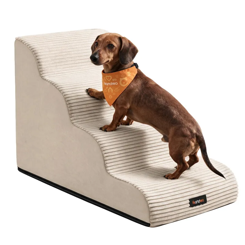 Hundetreppe, 2/3/4/5 Stufen, Cord mit Querstreifen, wasserdicht, rutschfest, abnehmbarer waschbarer Bezug von Feandrea in Regular – Produktfoto