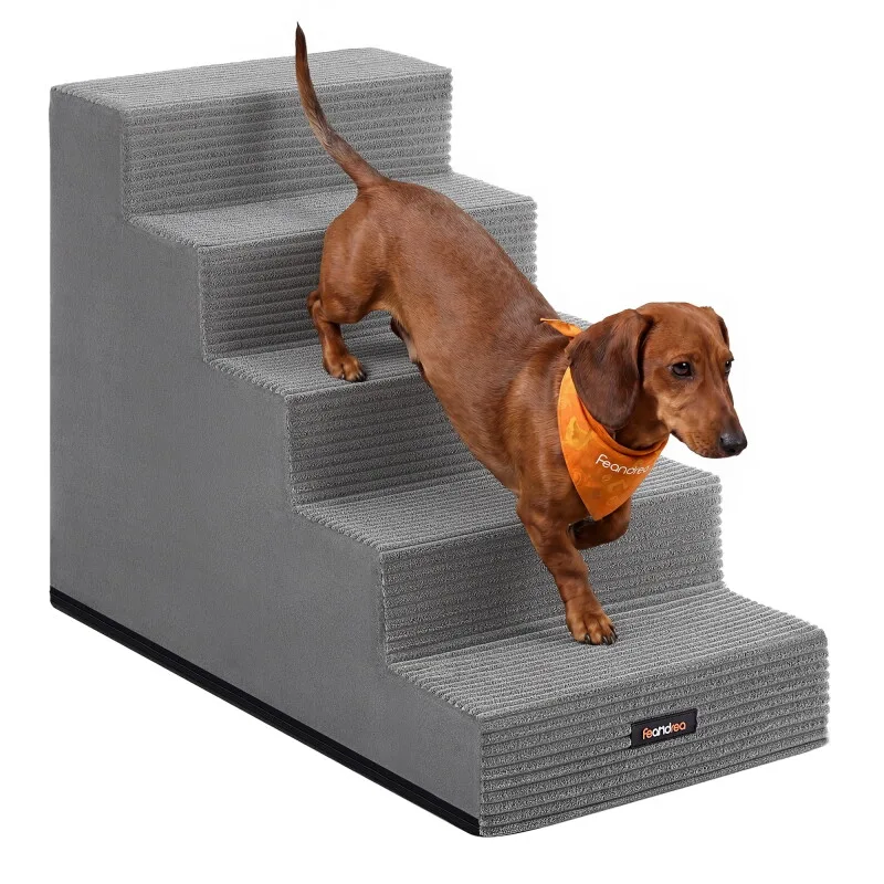 Hundetreppe, 2/3/4/5 Stufen Haustiertreppe aus grauem Cordstoff Waschbar XXL by Feandrea in Light grey, Regular – product photo