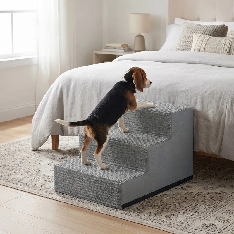 Hundetreppe, 2/3/4/5 Stufen Haustiertreppe aus grauem Cordstoff Waschbar L von Feandrea in Hellgrau, Regular – Produktfoto