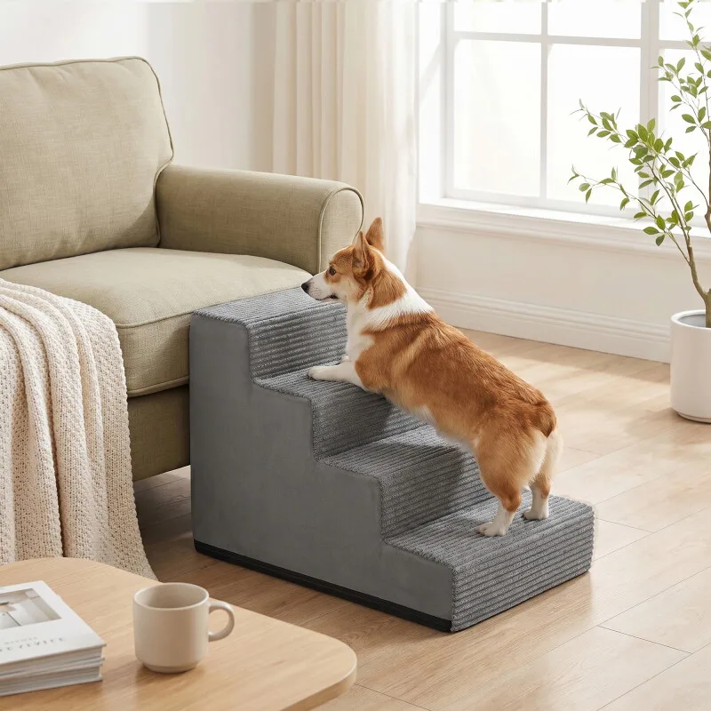 Hundetreppe, 2/3/4/5 Stufen Haustiertreppe aus grauem Cordstoff Waschbar XL von Feandrea in Hellgrau, Regular – Produktfoto