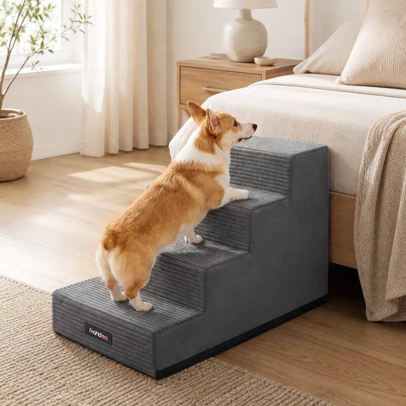 Hundetreppe, 2/3/4/5 Stufen Haustiertreppe aus grauem Cordstoff Waschbar XL van Feandrea in Schiefergrau, Regular – productfoto