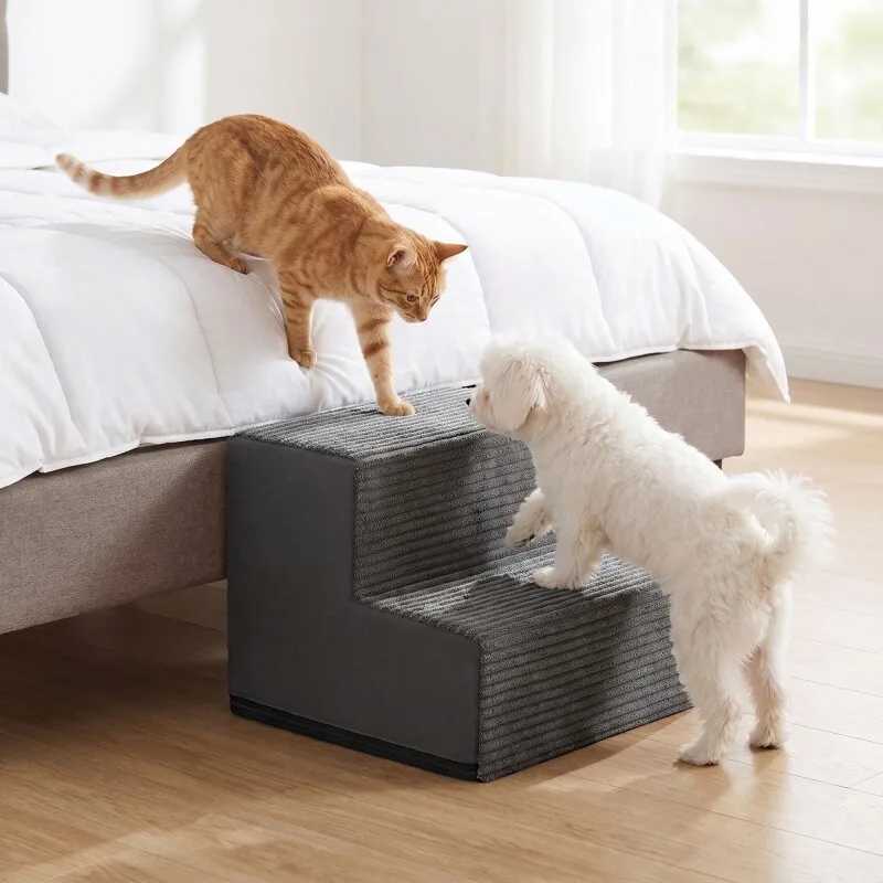 Hundetreppe, 2/3/4/5 Stufen Haustiertreppe aus grauem Cordstoff Waschbar M by Feandrea in Schiefergrau, Regular – product photo