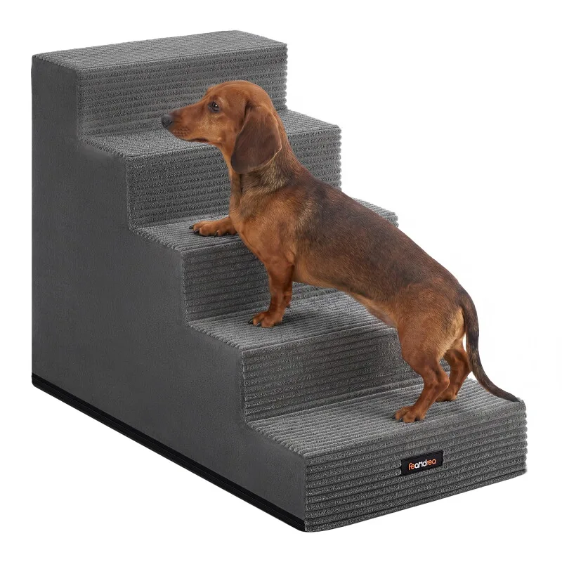 Hundetreppe, 2/3/4/5 Stufen Haustiertreppe aus grauem Cordstoff Waschbar XXL de Feandrea en Schiefergrau, Regular – photo produit