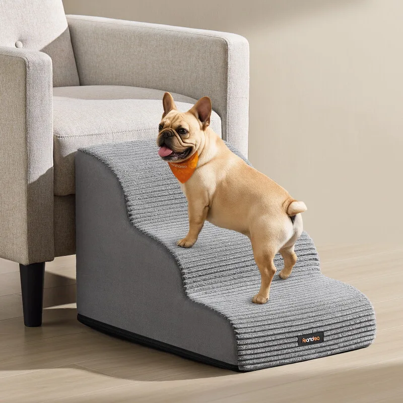 Hundetreppe, 2/3/4Stufen, Cord mit Querstreifen, wasserdicht, rutschfest, abnehmbarer waschbarer Bezug L de Feandrea en Gris clair, Regular – photo produit