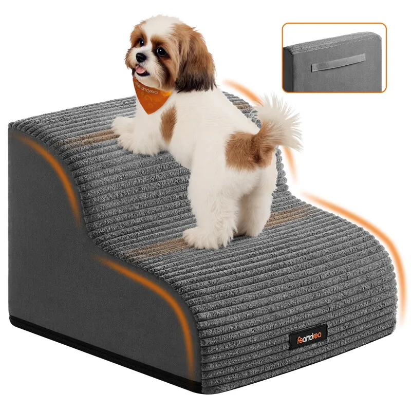 Hundetreppe, 2/3/4Stufen, Cord mit Querstreifen, wasserdicht, rutschfest, abnehmbarer waschbarer Bezug M de Feandrea en Schiefergrau, Regular – photo produit