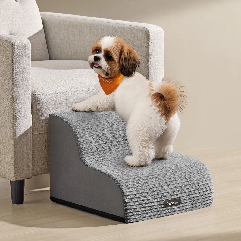 Hundetreppe, 2/3/4Stufen, Cord mit Querstreifen, wasserdicht, rutschfest, abnehmbarer waschbarer Bezug M von Feandrea in Hellgrau, Regular – Produktfoto