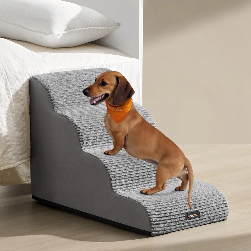 Hundetreppe, 2/3/4Stufen, Cord mit Querstreifen, wasserdicht, rutschfest, abnehmbarer waschbarer Bezug XL van Feandrea in Lichtgrijs, Regular – productfoto