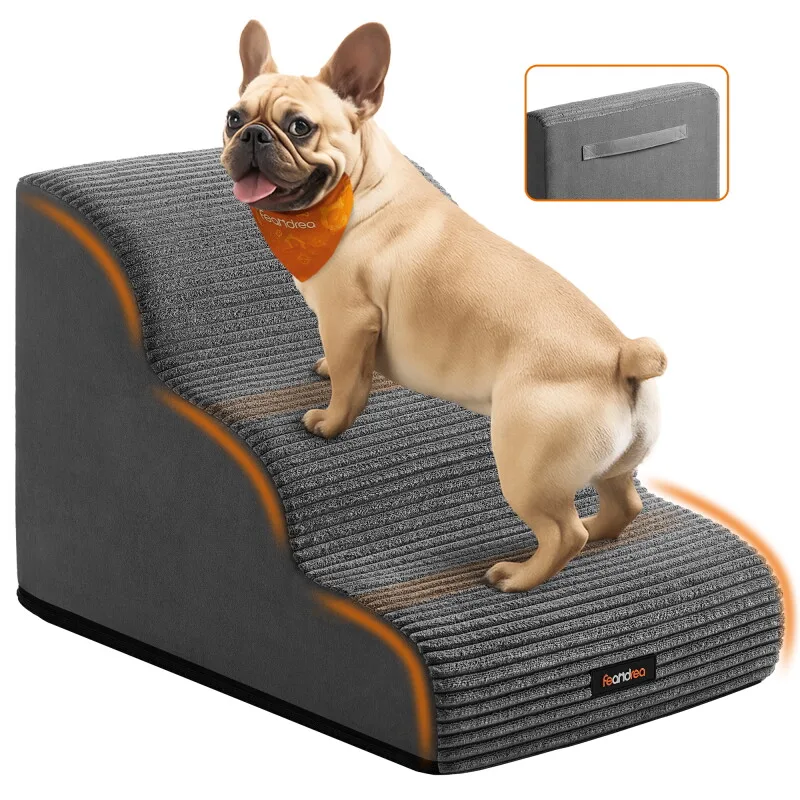 Hundetreppe, 2/3/4Stufen, Cord mit Querstreifen, wasserdicht, rutschfest, abnehmbarer waschbarer Bezug L van Feandrea in Schiefergrau, Regular – productfoto