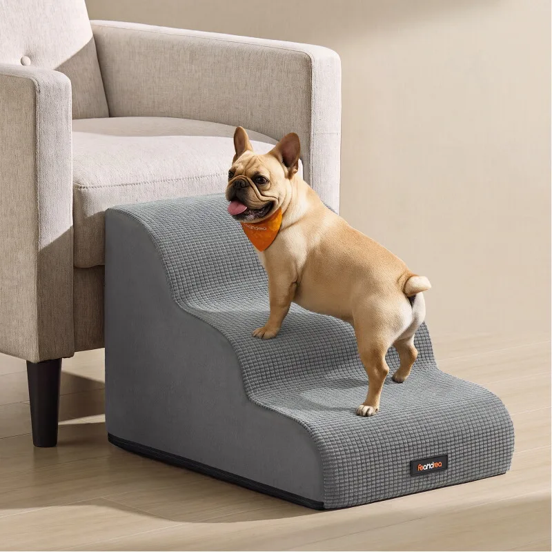 Hundetreppe, 2/3 Stufen, Schaumstoff, Rutschfest, Waschbar hellgrau L von Feandrea in Regular – Produktfoto