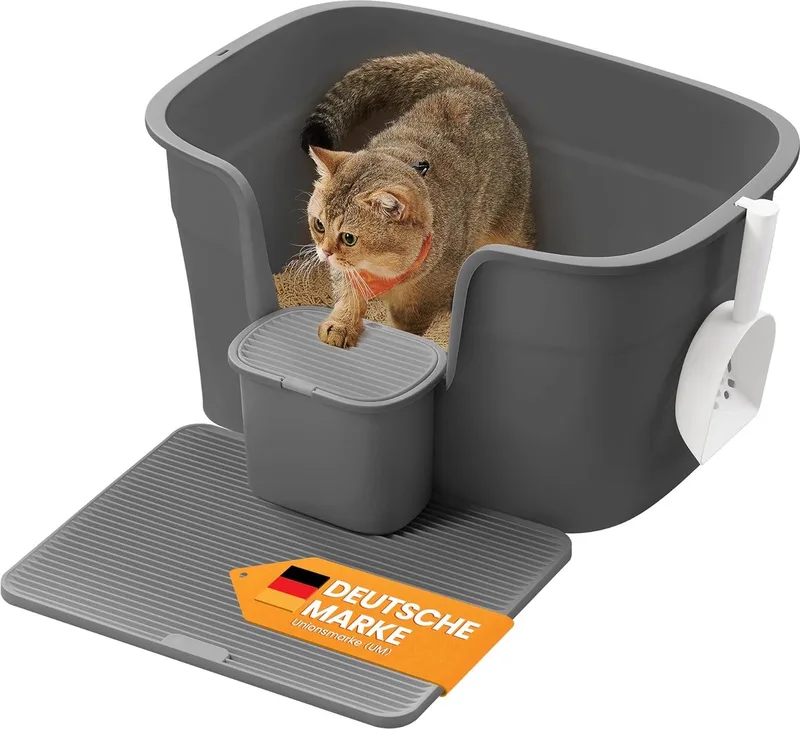 kattenbak, extra grote kattenbak, multi-kattenhuishoudens, met hoge zijwanden, kattenbakmat, opbergdoos, schep, voor grote katten, PPT003G02 by Feandrea in Leigrijs – product photo