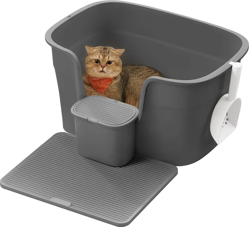 Kattenbak - Grote met Hoge Zijkanten - Inclusief Kattenmat en Schep - Met Opbergvak de Feandrea en Gris – photo produit