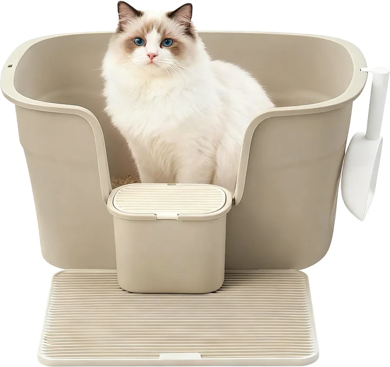 Kattenbak - Grote met Hoge Zijkanten - Inclusief Kattenmat en Schep - Met Opbergbox by Feandrea in Beige – product photo
