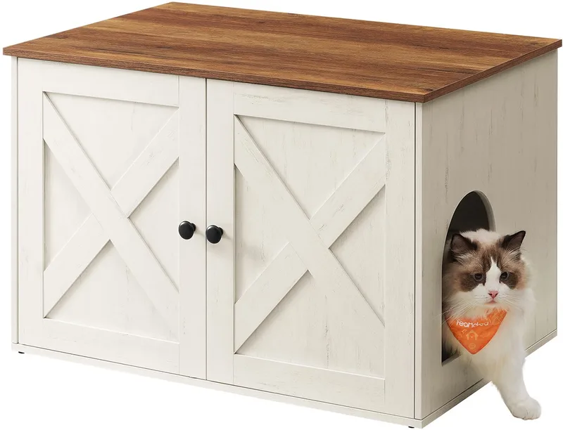 Kattenbak - Kattenbak Kast - Bijzettafel - Schuurdeur Hout - Wit - 70cm by Feandrea in Honingbruin-Vintagewit – product photo