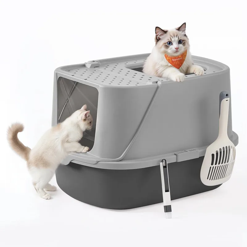 Kattenbak - Met Deksel - Inclusief Schep en Borstel - Voor Katten tot 15 kg fra Feandrea i Duifgrijs-Leigrijs – produktbillede