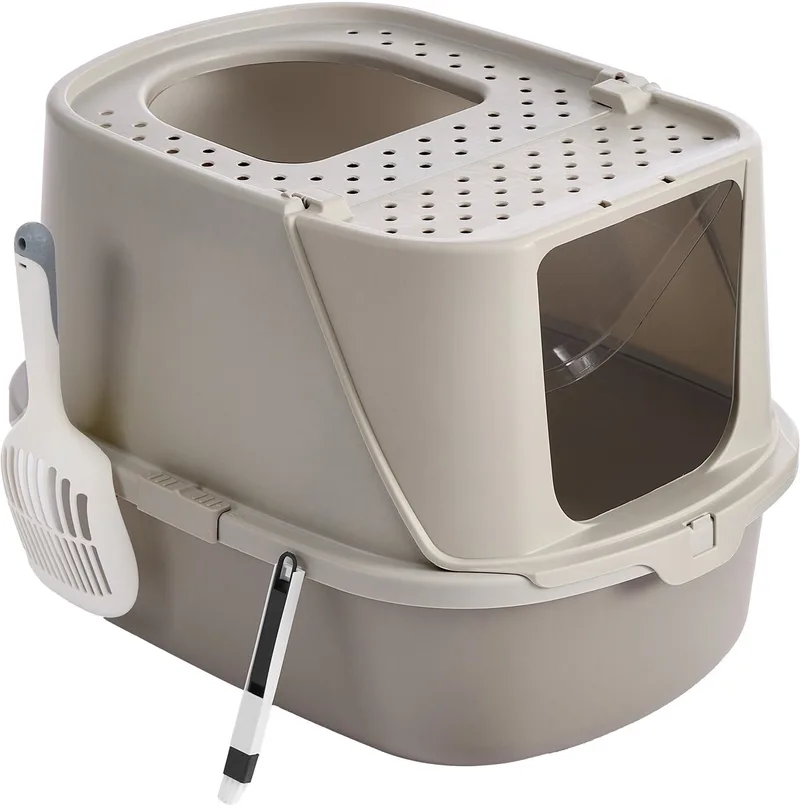 Kattenbak - Met Deksel - Inclusief Schep en Borstel - Voor Katten tot 15 kg by Feandrea in Havermoutkleurig-warmgrijs – product photo