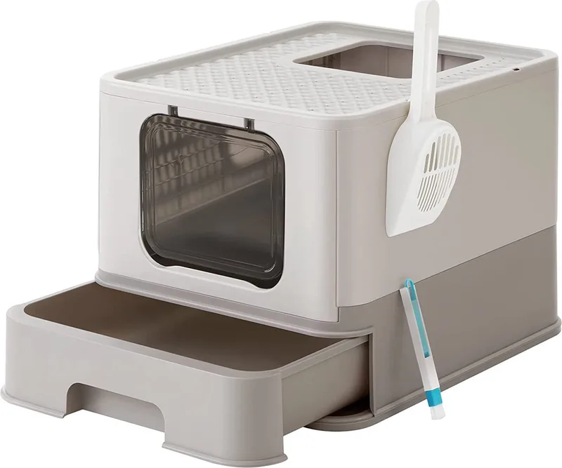 Kattenbak met deksel, uitschuifbare bak, schep, borstel, ruim voor katten tot 15 kg, minder sporen, lekvrije bodem, havermout warmgrijs de Feandrea en Gris – photo produit