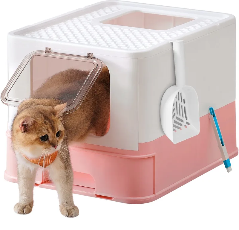 Kattenbak - Met Deksel - Uitschuifbare Lade - Lekvrije Bodem von Feandrea in Wit-pastelroze – Produktfoto