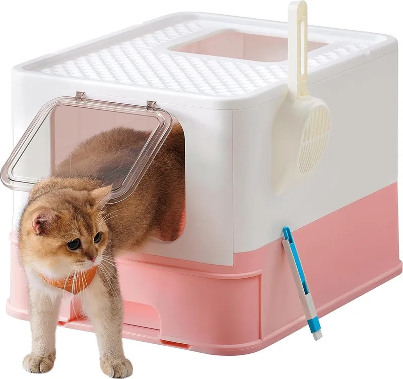 Kattenbak, met deksel, uittrekbare bak, minder sporen Boxal Collection PPT001P01 Kattenbak, ruim voor katten tot 15 kg, schep, borstel, lekvrije bodem, wit-roze by Feandrea in Pink – product photo
