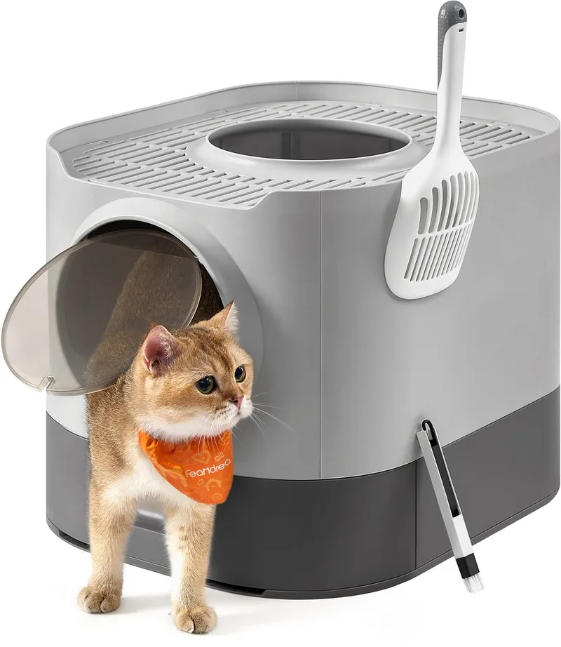 Kattenbak - Met Deksel - Uittrekbare Lade - Geschikt voor Katten van Verschillende Grootten de Feandrea en Gris – photo produit