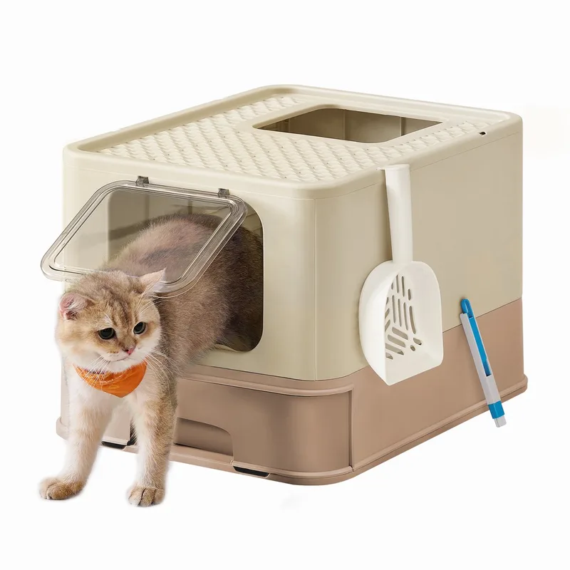 Kattenbak - Met Deksel - Uittrekbare Lade - Uitloopvrij Bodem - Inclusief Schep en Borstel de Feandrea en Zandbeige-karamelbruin – photo produit