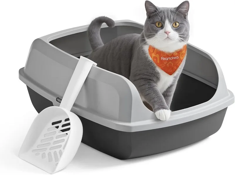 Kattenbak met hoge zijkanten - 50.5x37.5x19.5 cm - XL - open kattenbak met schep - voor kittens en grote katten by Feandrea in Grey – product photo