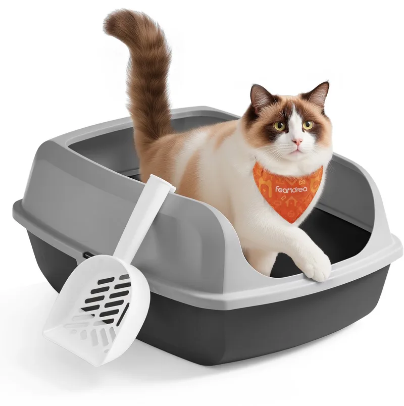 Kattenbak - Met Hoge Zijkanten - Open Ontwerp - Inclusief Schepje von Feandrea in Leigrijs – Produktfoto
