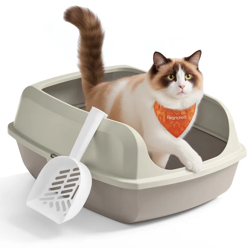 Kattenbak - Met Hoge Zijkanten - Open Ontwerp - Inclusief Schepje - Voor Kleine en Grote Katten de Feandrea en Beige – photo produit