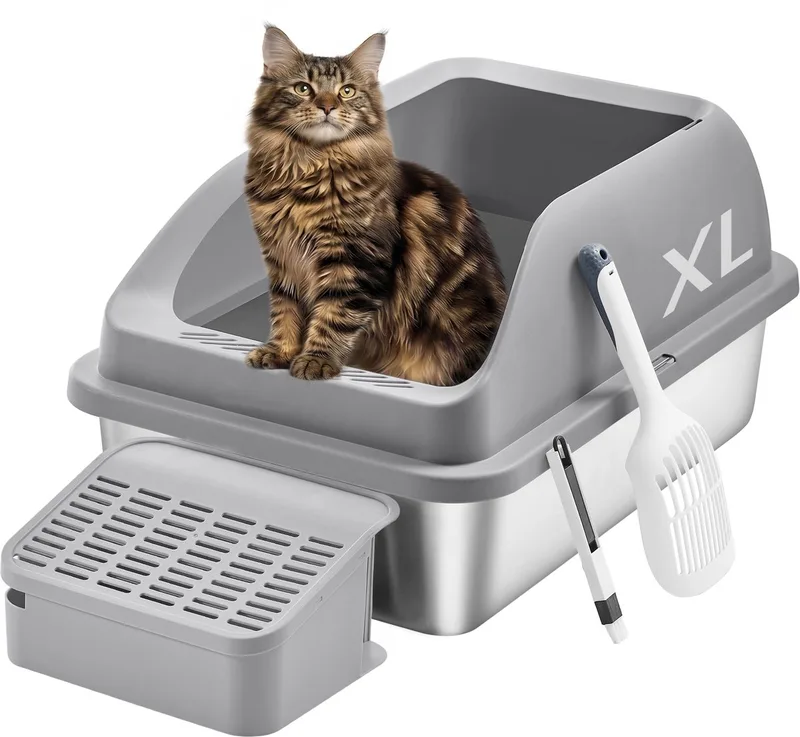 Kattenbak - Met Hoge Zijkanten - Ruim Ontwerp - Inclusief Schep en Borstel de Feandrea en Leigrijs – photo produit