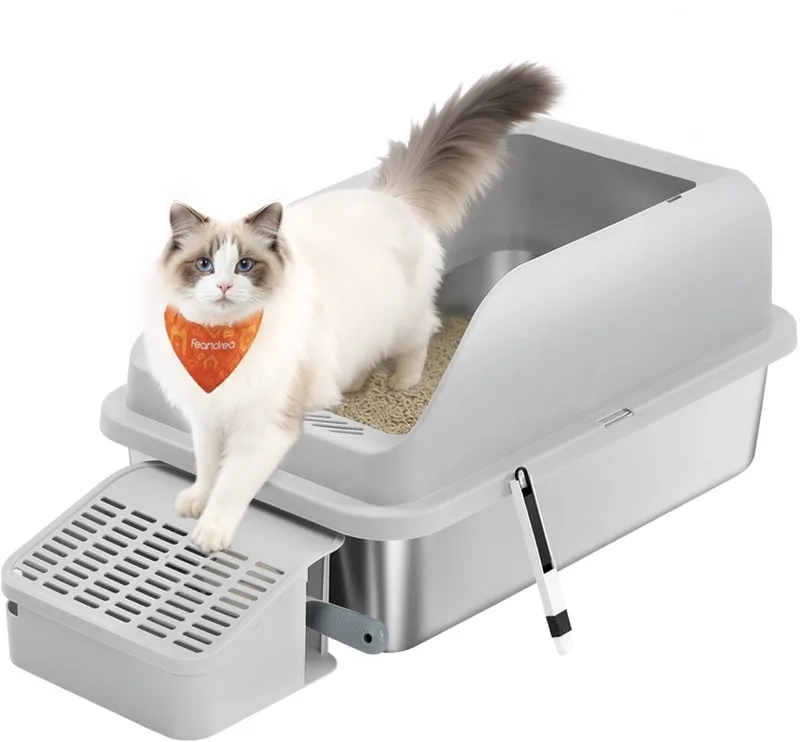 Kattenbak – RVS – Met hoge rand – Inclusief accessoires de Feandrea en Duifgrijs – photo produit