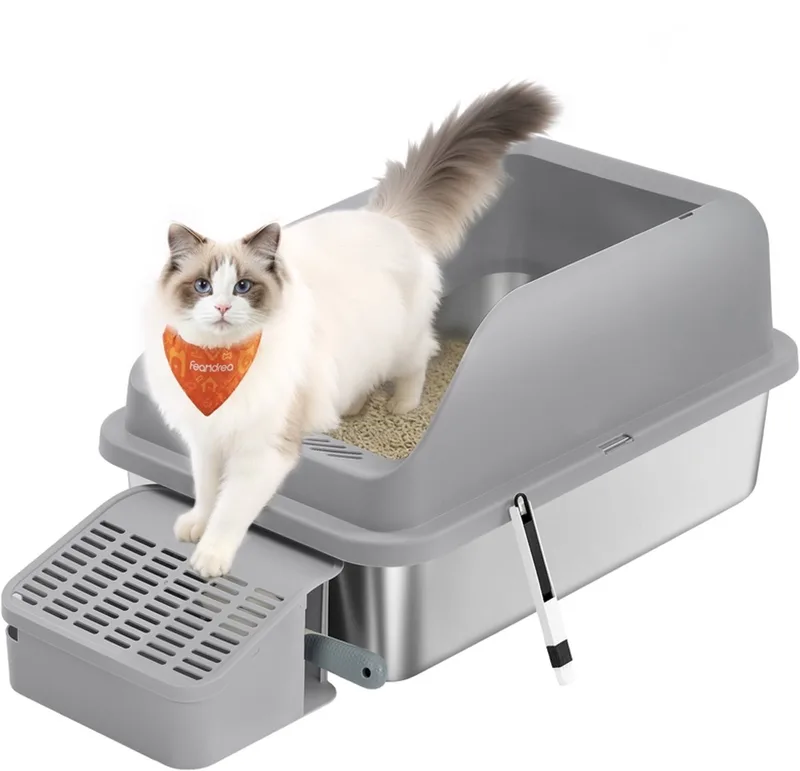 Kattenbak – RVS – Met hoge rand – Inclusief accessoires fra Feandrea i Leigrijs – produktbillede