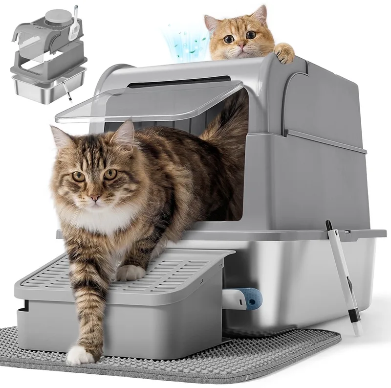 Kattenbak van roestvrij staal – duifgrijs – met deksel en accessoires – Duifgrijs de Feandrea – photo produit