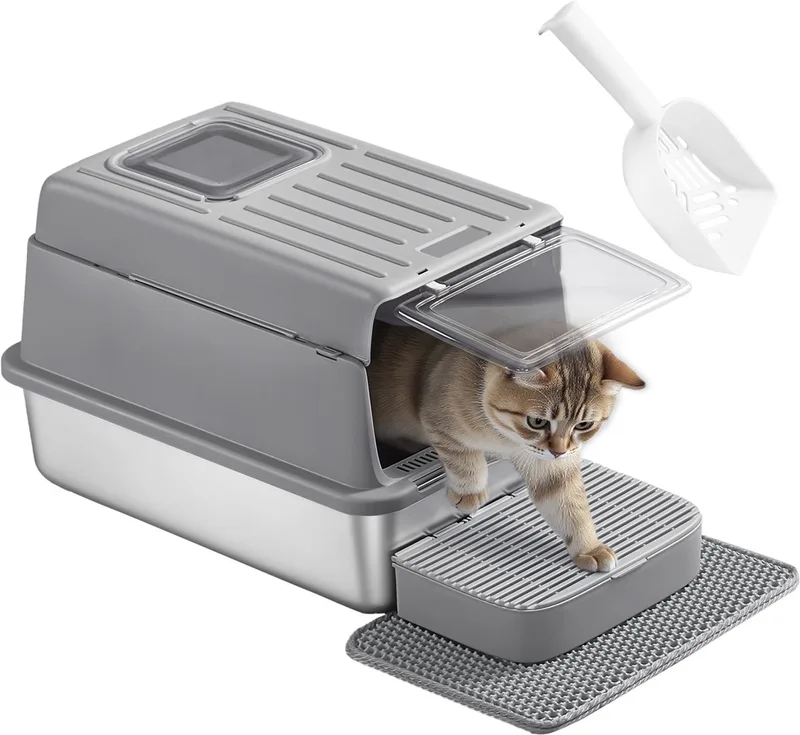 Kattenbak - Van Roestvrij Staal - Met Deksel en Schep - 2 Ingangen - Inclusief Mat by Feandrea in Duifgrijs – product photo