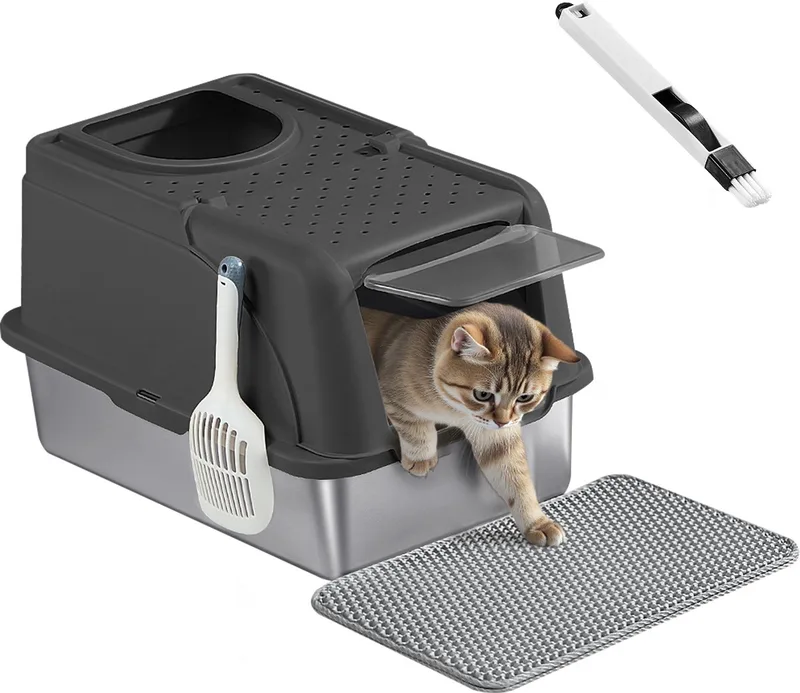 Kattenbak - Van Roestvrij Staal met Deksel - Inclusief Schep Borstel en 2 Ingangen by Feandrea in Black – product photo