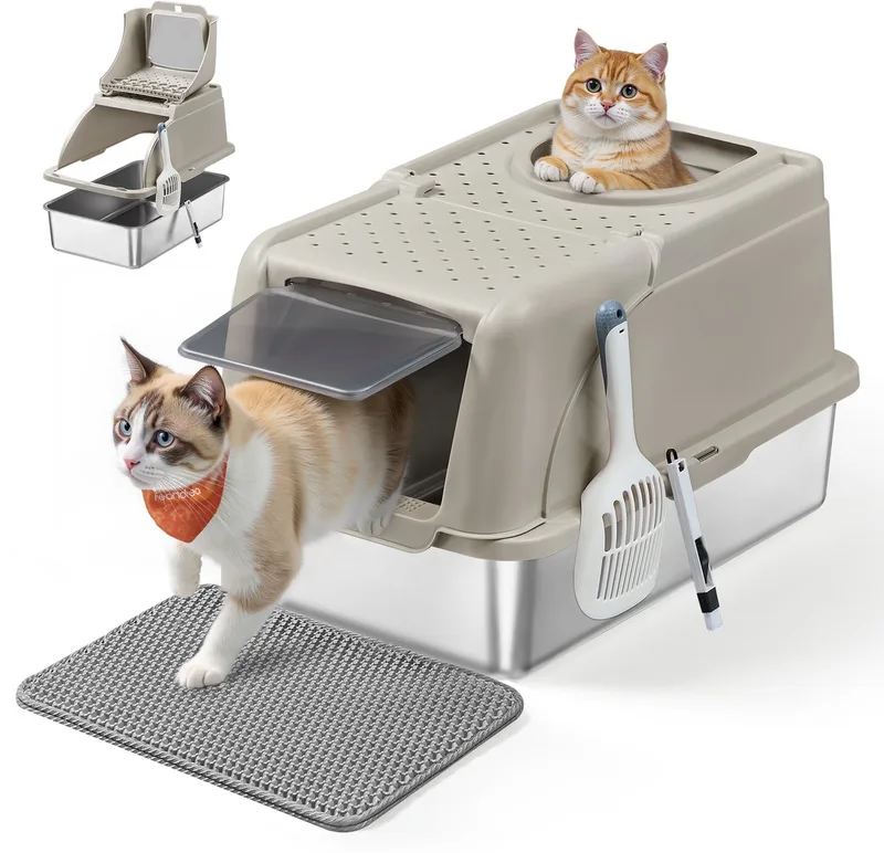 Kattenbak - Van Roestvrij Staal - Met Draaideksel - Lekvrij Ontwerp - Dubbele Ingang de Feandrea en Cappuccinobeige – photo produit