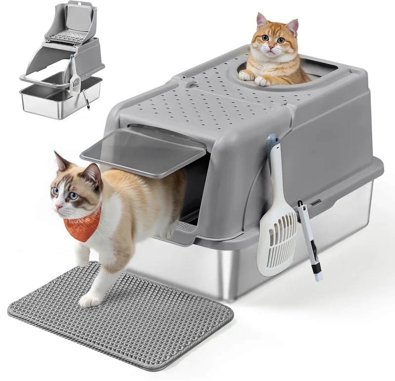 Kattenbak - Van Roestvrij Staal - Met Schommelklep en Dubbele Ingang - Lekvrij Ontwerp fra Feandrea i Duifgrijs – produktbillede