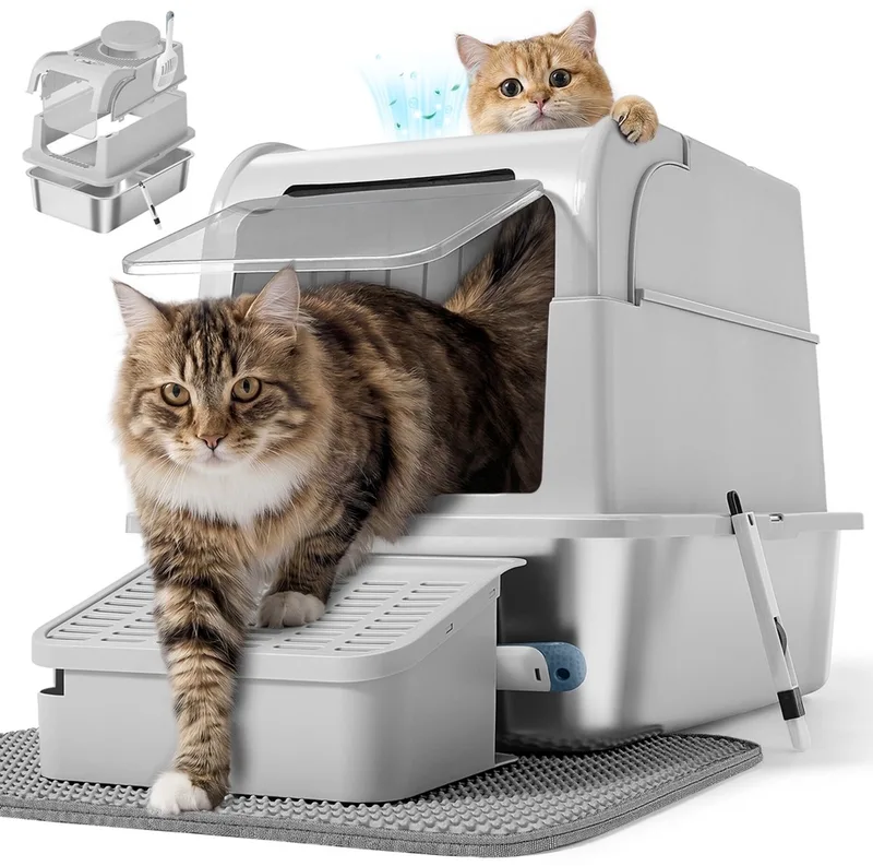Kattenbak van roestvrij staal – zilvergrijs – met deksel en accessoires – Zilvergrijs de Feandrea – photo produit