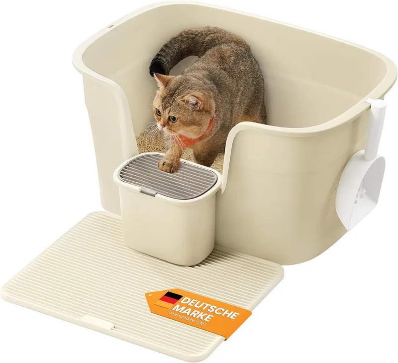 kattenbak XL - 64 x 76 x 33 cm -hoge zijwanden - met kattenbakmat - met schepje en borstel de Feandrea en Zandbeige – photo produit