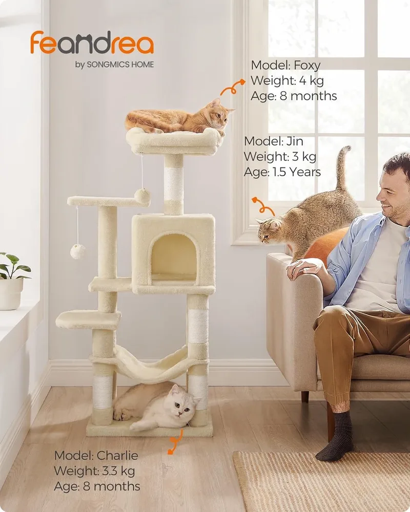 kattenboom, 112 cm kattentoren voor binnenkatten, meerlaags pluchen kattenflat met 4 krabpalen, 2 zitstokken, grot, hangmat, pompons, PCT261M01 de Feandrea en Beige – photo produit