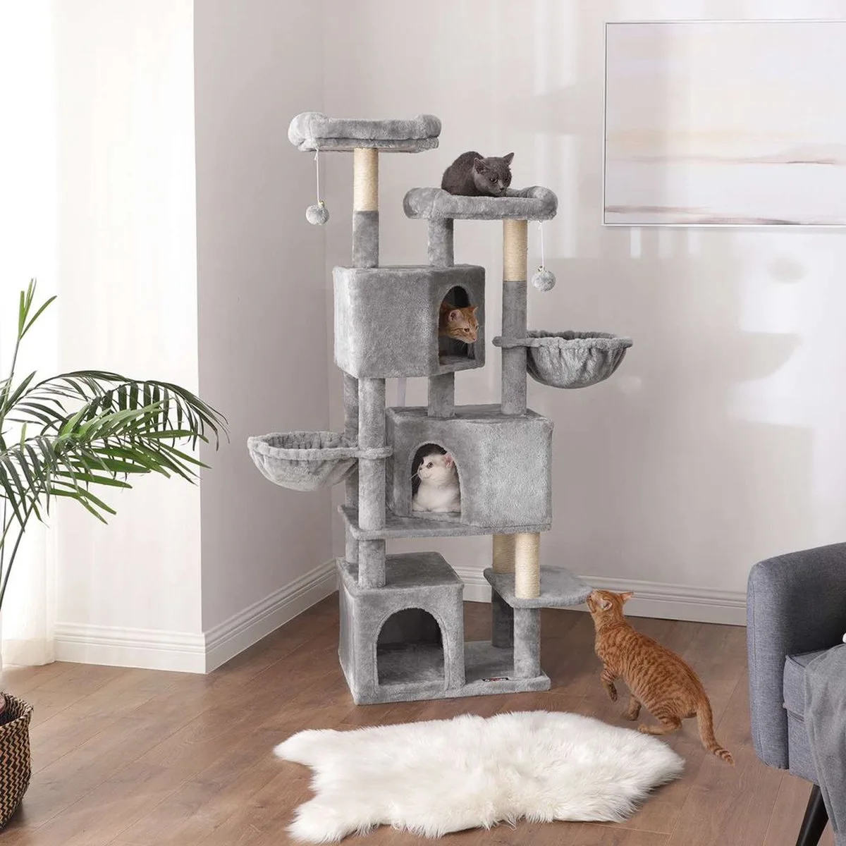 Kattenboom Groot met Hangmat, met 3 Kattengrotten, 164 cm Kattenboom de Feandrea en Gris clair – photo produit