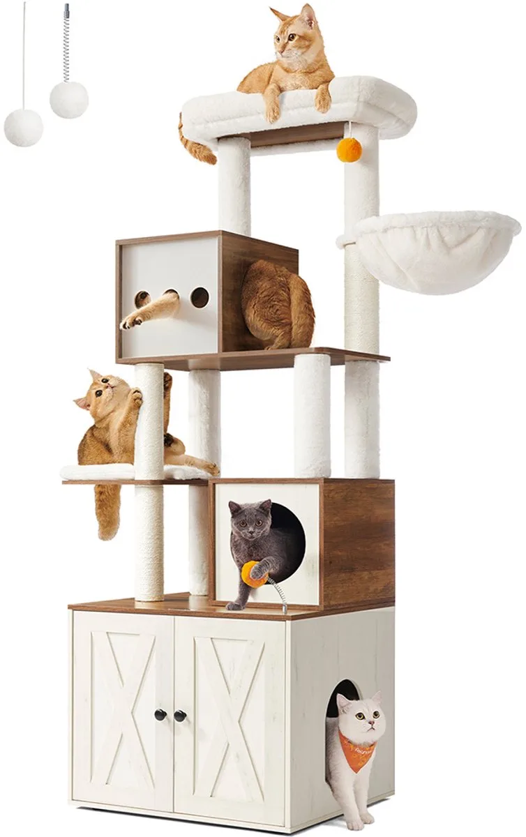 Kattenboom – Met kattenbakkast – 180 cm hoog – Honingbruin/Vintage wit de Feandrea en Honingbruin – photo produit
