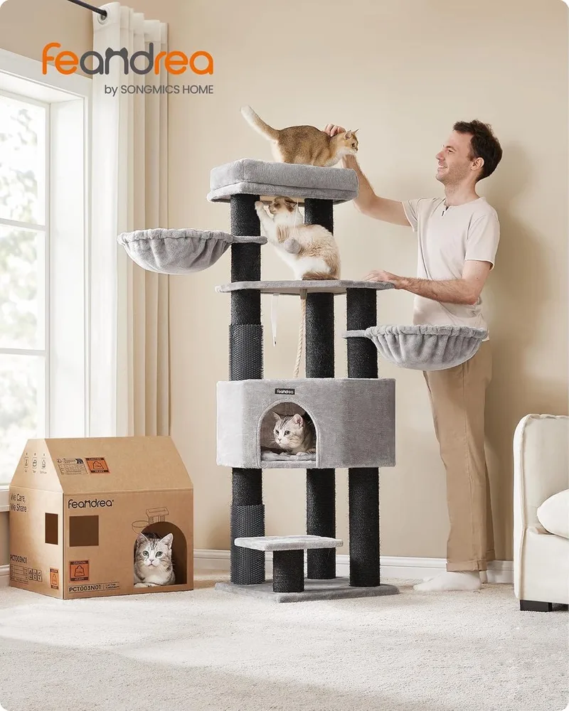 Kattenboom XXL - Luxe Kattenhuis - Krabpaal - Katten - Palen van 11,1 diameter - 160CM von Feandrea in Hellgrau – Produktfoto