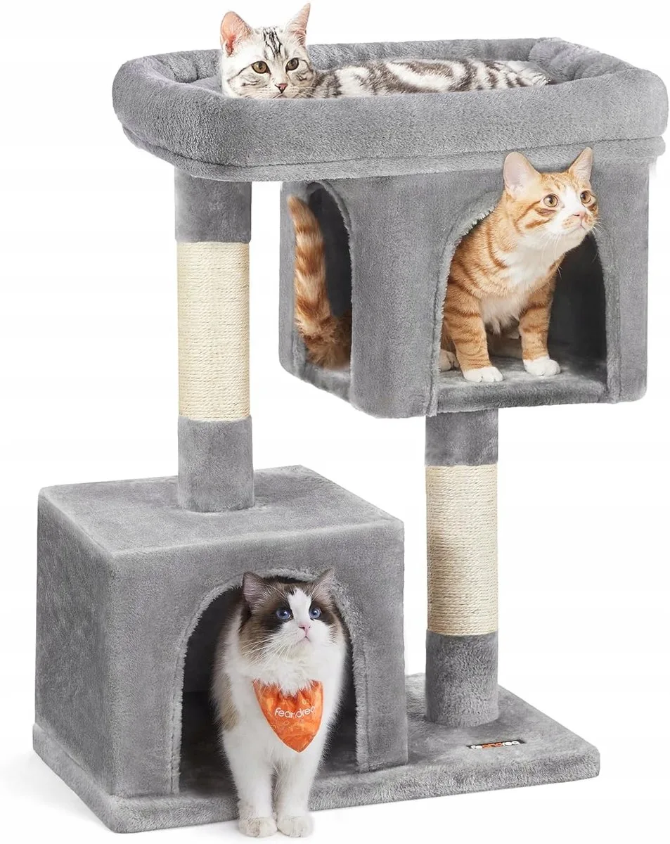 Kattenkrabpaal met 2 kattenhuisjes, comfortabel en laag, lichtgrijs de Feandrea – photo produit