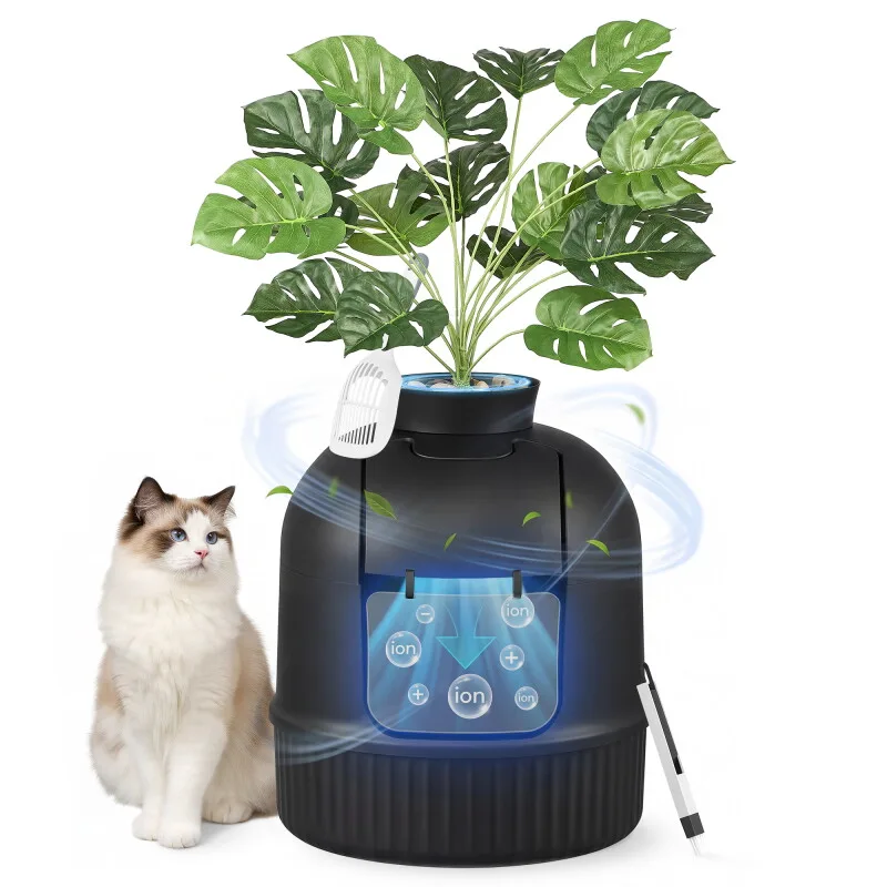 Katzenklo Blumentopf, versteckte Katzentoilette, mit künstlicher Pflanze fra Feandrea i Sort, Regular – produktbillede