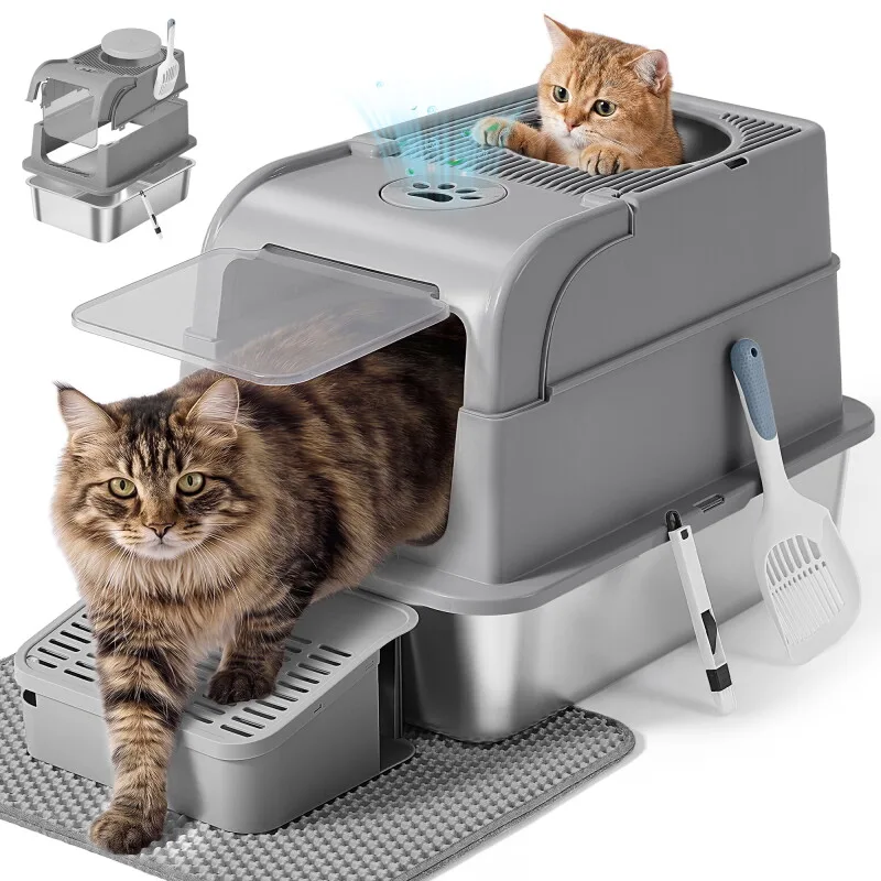 Katzenklo Edelstahl, geschlossen Katzentoilette, 2 Eingänge dunkelgrau fra Feandrea i Regular – produktbillede