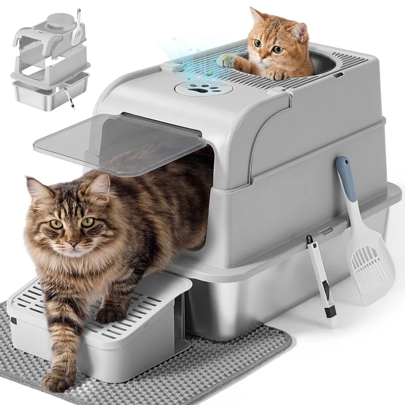Katzenklo Edelstahl, geschlossen Katzentoilette, 2 Eingänge hellgrau by Feandrea in Regular – product photo