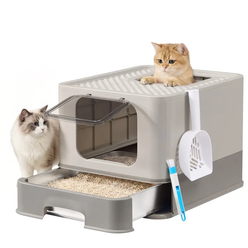 Katzenklo Edelstahl, Katzentoilette mit Schublade, Schaufel, Bürste, 2 Eingänge by Feandrea in Light grey, Regular – product photo